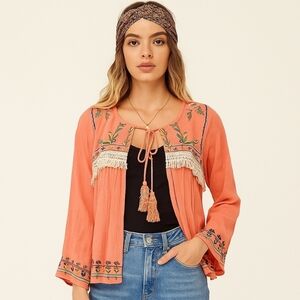 Velzera Boho Embroidered Fringe Tunic Top – Size S – NWT